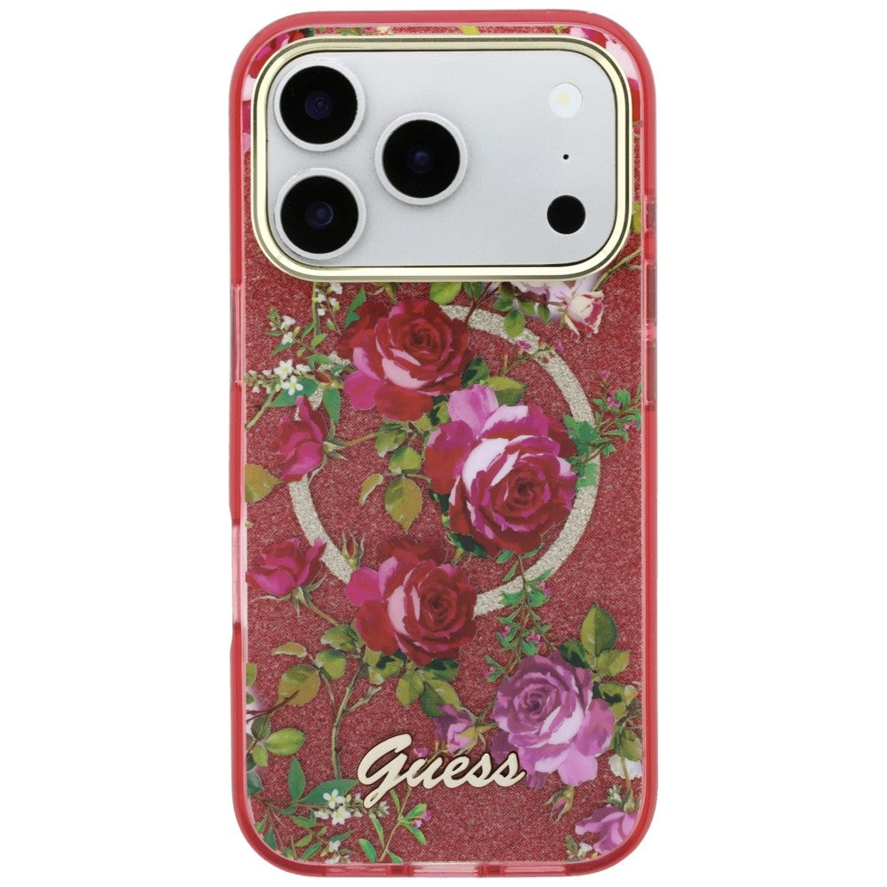 Guess iPhone 18 Pro Max / iPhone 17 Pro Max Case IML Glitter Blossom Roses MagSafe Burgundy
