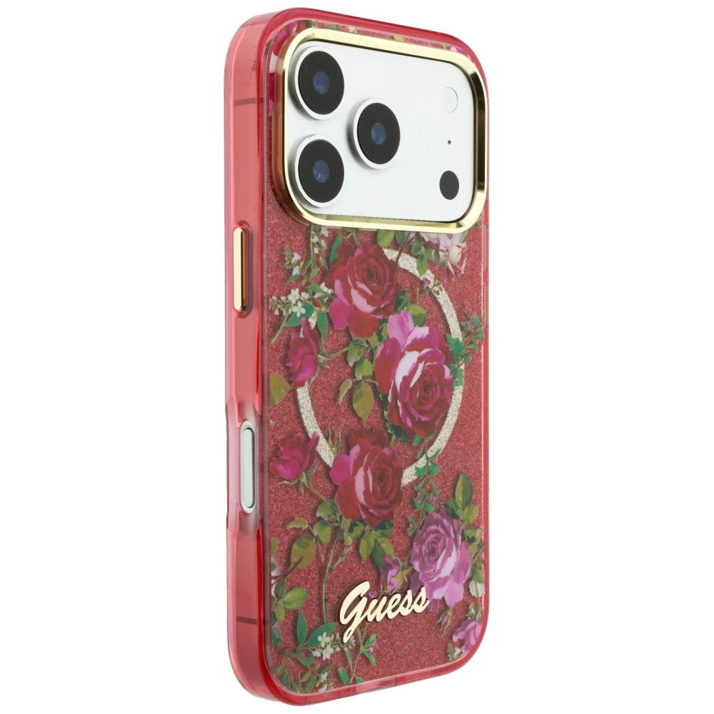 Guess iPhone 18 Pro Max / iPhone 17 Pro Max Case IML Glitter Blossom Roses MagSafe Burgundy