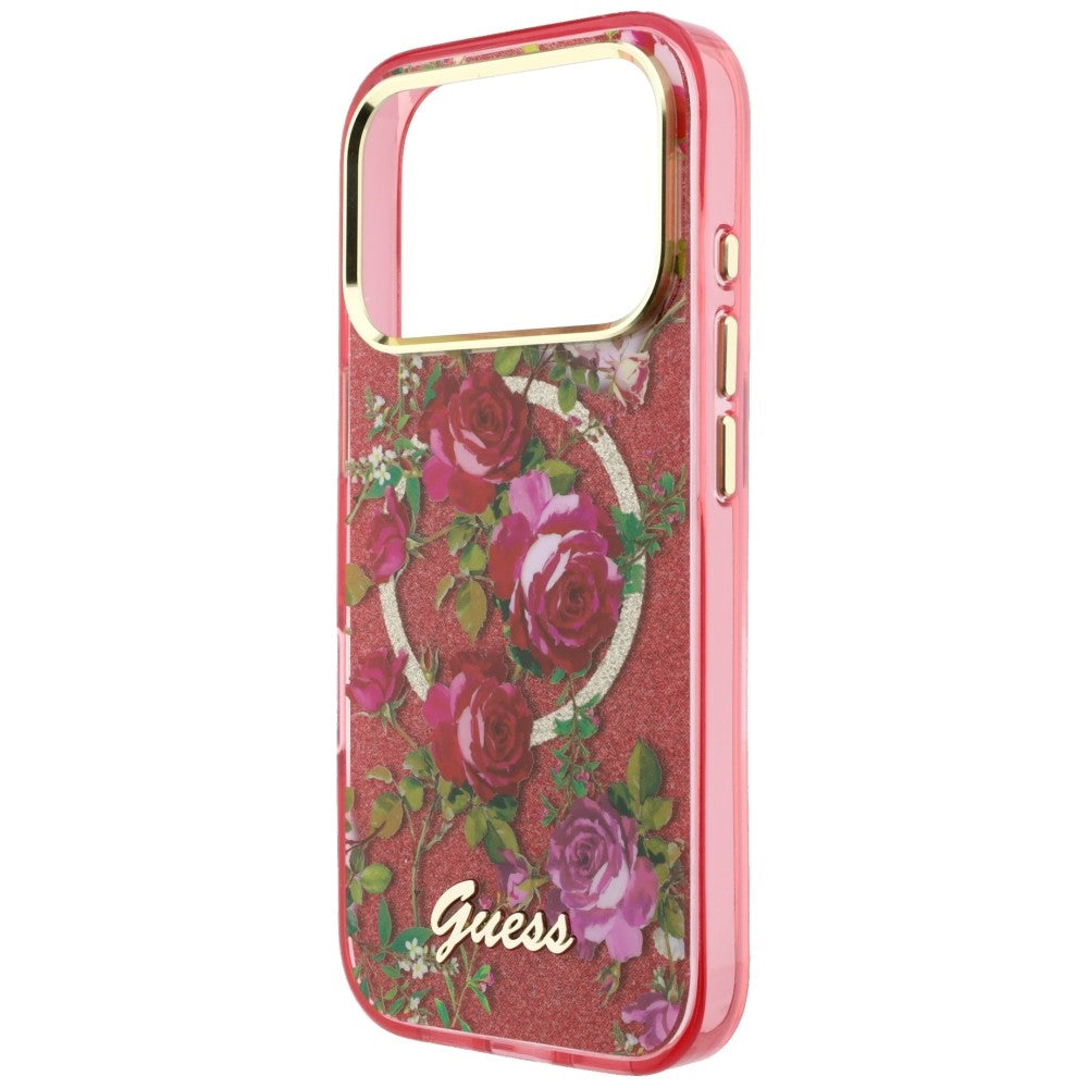 Guess iPhone 18 Pro Max / iPhone 17 Pro Max Case IML Glitter Blossom Roses MagSafe Burgundy
