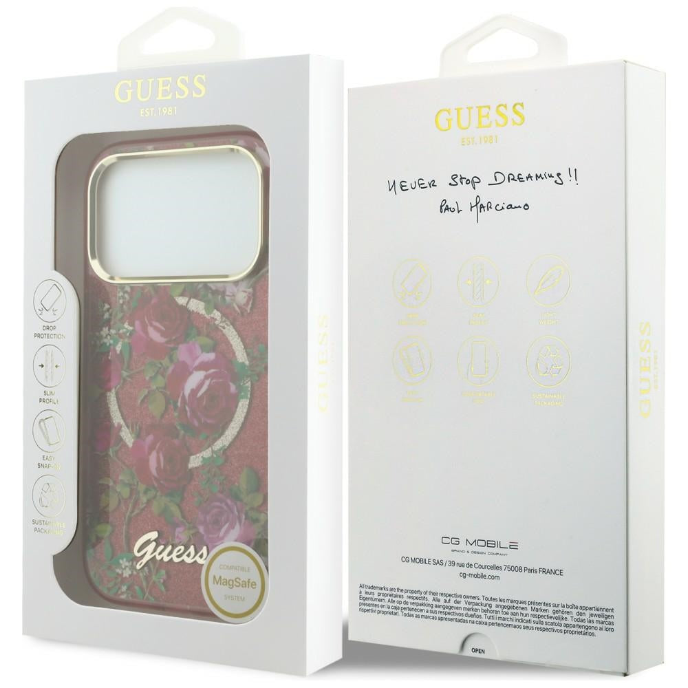Guess iPhone 18 Pro Max / iPhone 17 Pro Max Case IML Glitter Blossom Roses MagSafe Burgundy