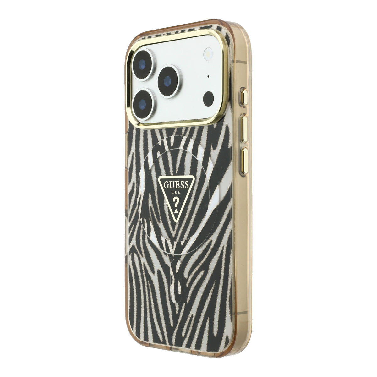 Guess GUHMP18L6HZPGTLD IML Zebra Glitter Triangle Logo MagSafe Case for iPhone 18 Pro / iPhone 17 Pro Gold