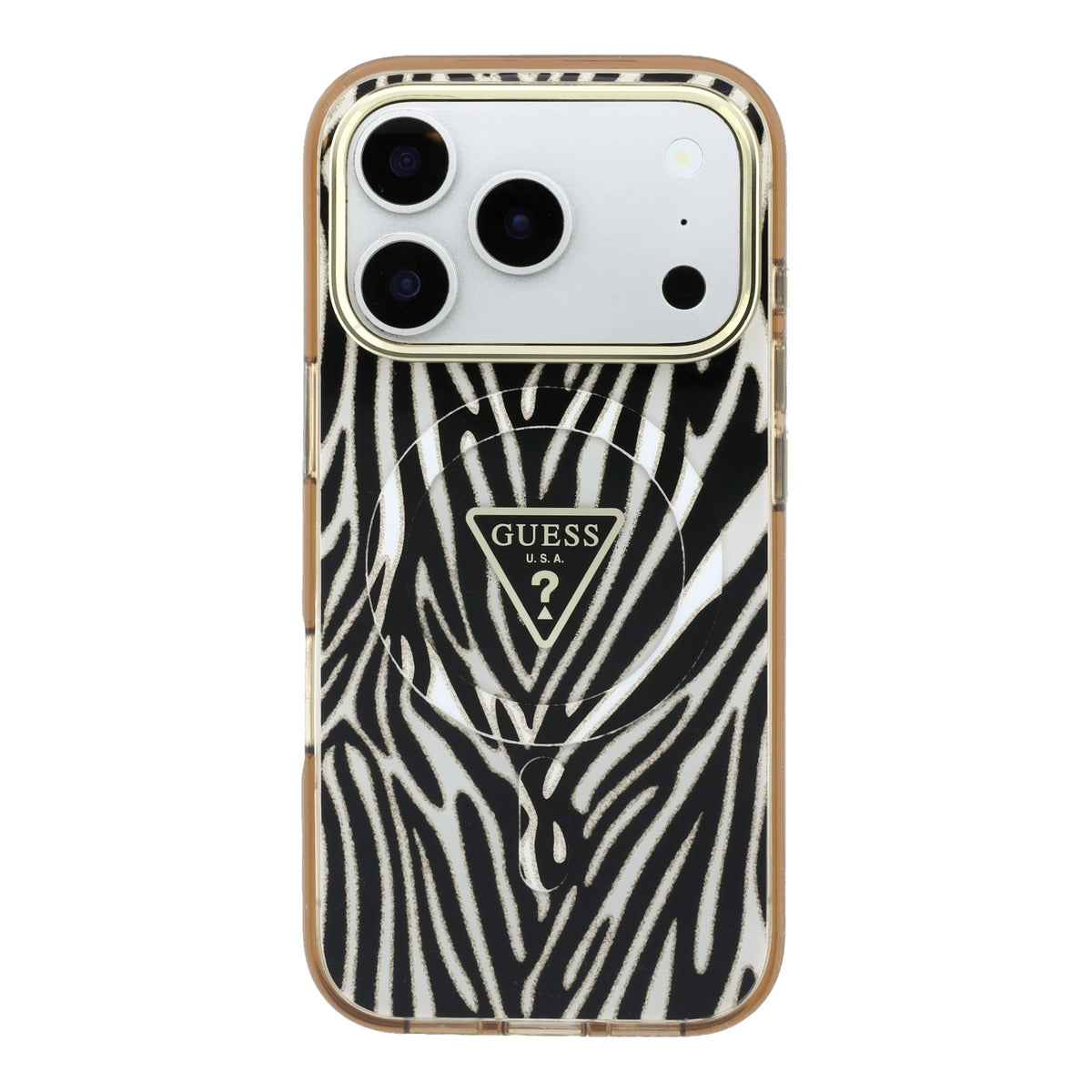 Guess GUHMP18L6HZPGTLD IML Zebra Glitter Triangle Logo MagSafe Case for iPhone 18 Pro / iPhone 17 Pro Gold
