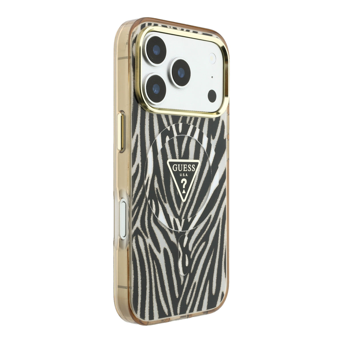Guess GUHMP18L6HZPGTLD IML Zebra Glitter Triangle Logo MagSafe Case for iPhone 18 Pro / iPhone 17 Pro Gold