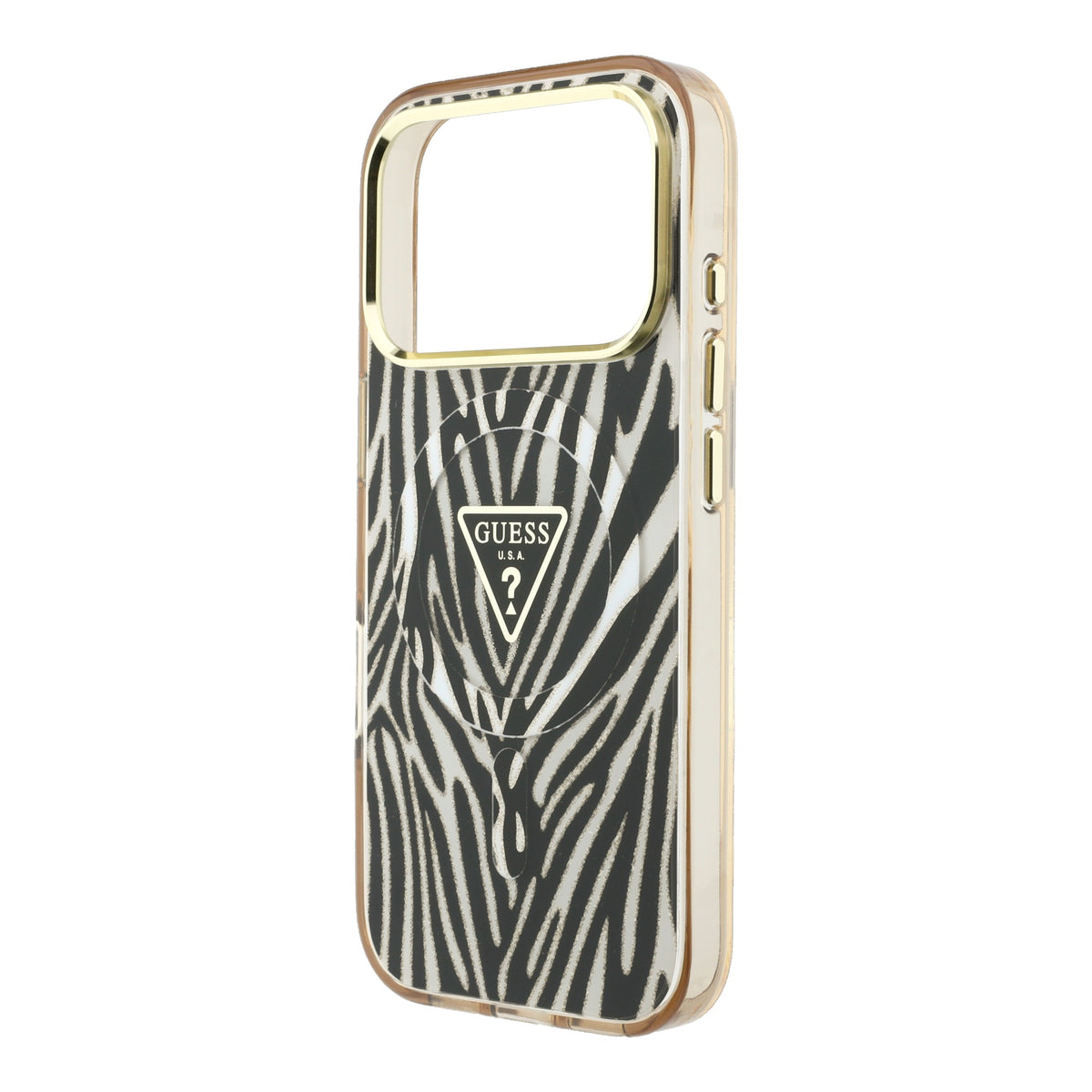Guess GUHMP18L6HZPGTLD IML Zebra Glitter Triangle Logo MagSafe Case for iPhone 18 Pro / iPhone 17 Pro Gold