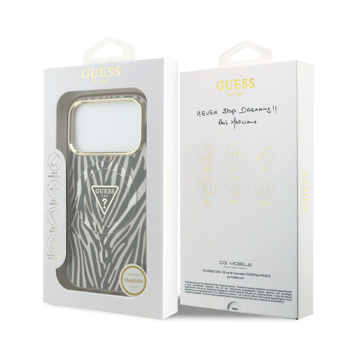 Guess GUHMP18L6HZPGTLD IML Zebra Glitter Triangle Logo MagSafe Case for iPhone 18 Pro / iPhone 17 Pro Gold