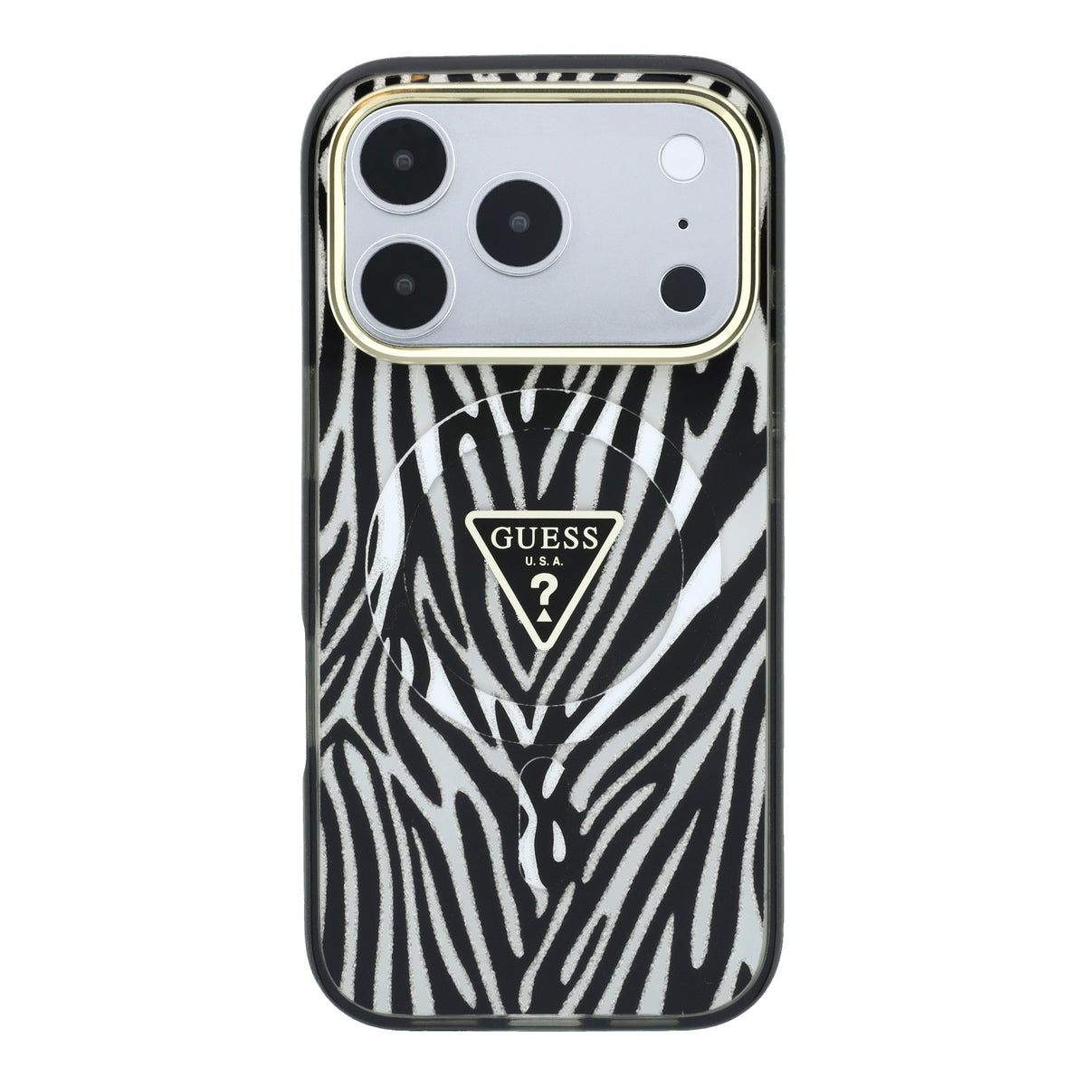 Guess GUHMP18L6HZPGTLS IML Zebra Glitter Triangle Logo MagSafe Case for iPhone 18 Pro / iPhone 17 Pro silver