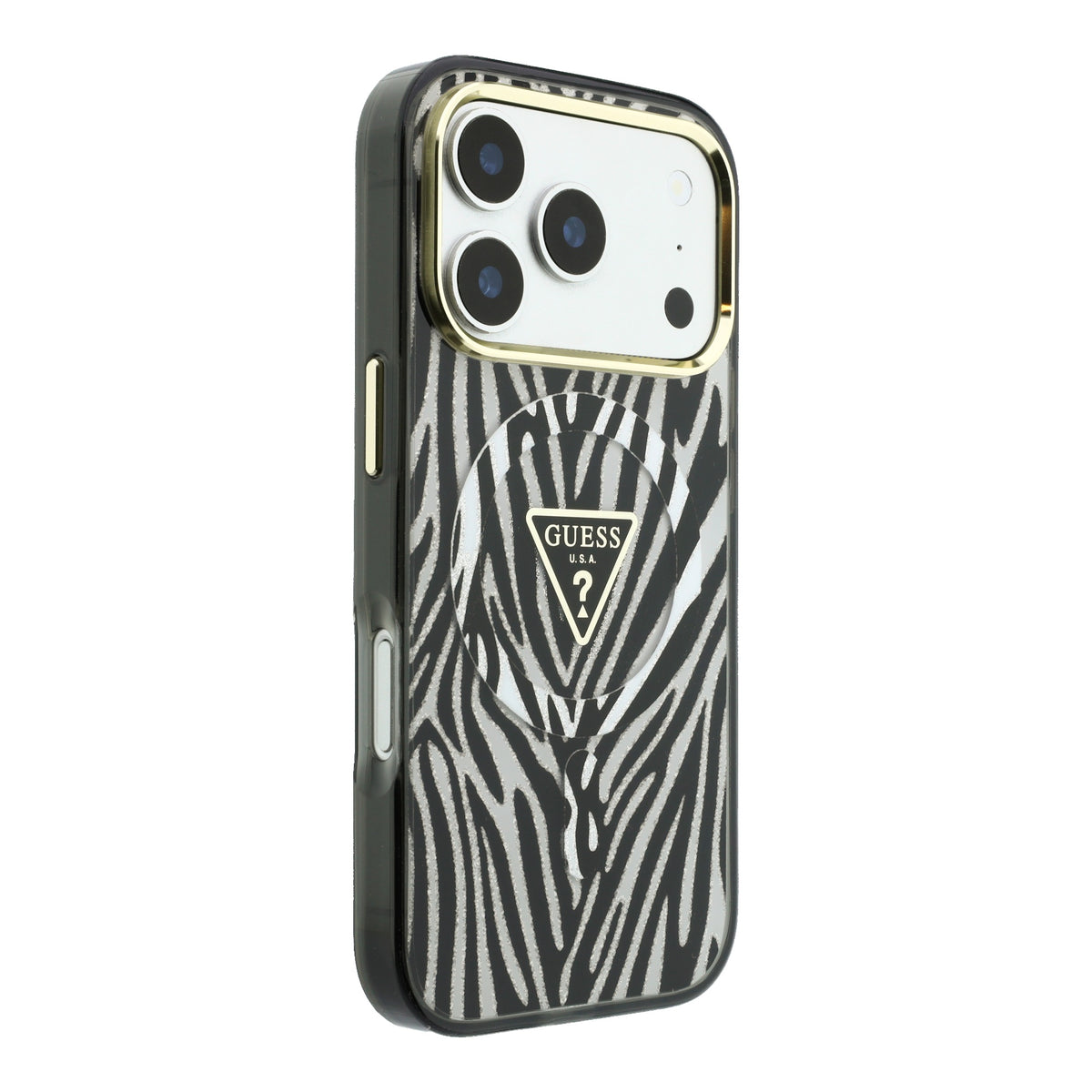 Guess GUHMP18L6HZPGTLS IML Zebra Glitter Triangle Logo MagSafe Case for iPhone 18 Pro / iPhone 17 Pro silver