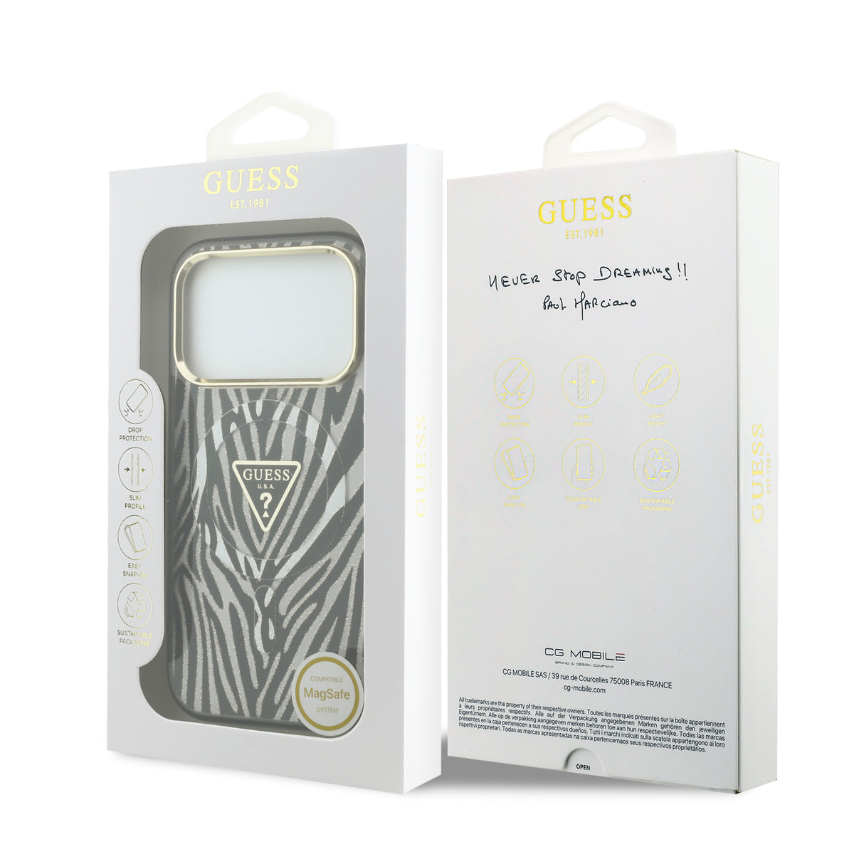 Guess GUHMP18L6HZPGTLS IML Zebra Glitter Triangle Logo MagSafe Case for iPhone 18 Pro / iPhone 17 Pro silver