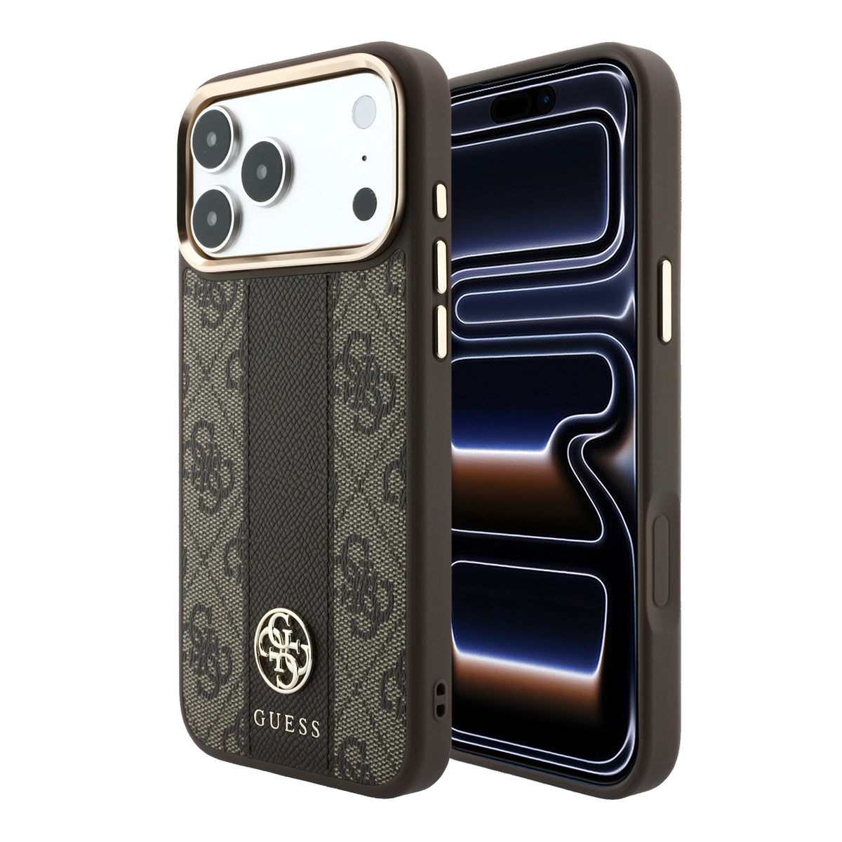 A dark brown and black Guess phone case with a monogram pattern and gold-tone camera bezel, shown from both the back and side views on a white background.