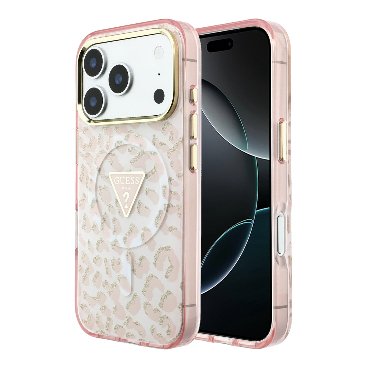 Guess GUHMP18XHLEGTGLP IML Leopard Glitter Triangle Logo MagSafe Case for iPhone 18 Pro Max / iPhone 17 Pro Max pink