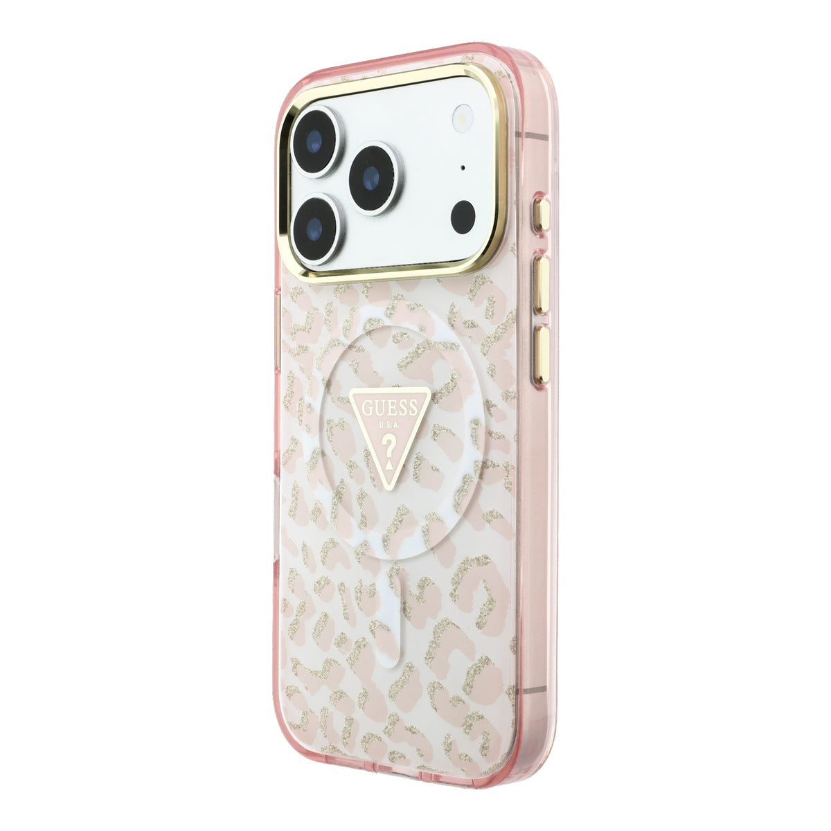 Guess GUHMP18LHLEGTGLP IML Leopard Glitter Triangle Logo MagSafe Case for iPhone 18 Pro / iPhone 17 Pro pink
