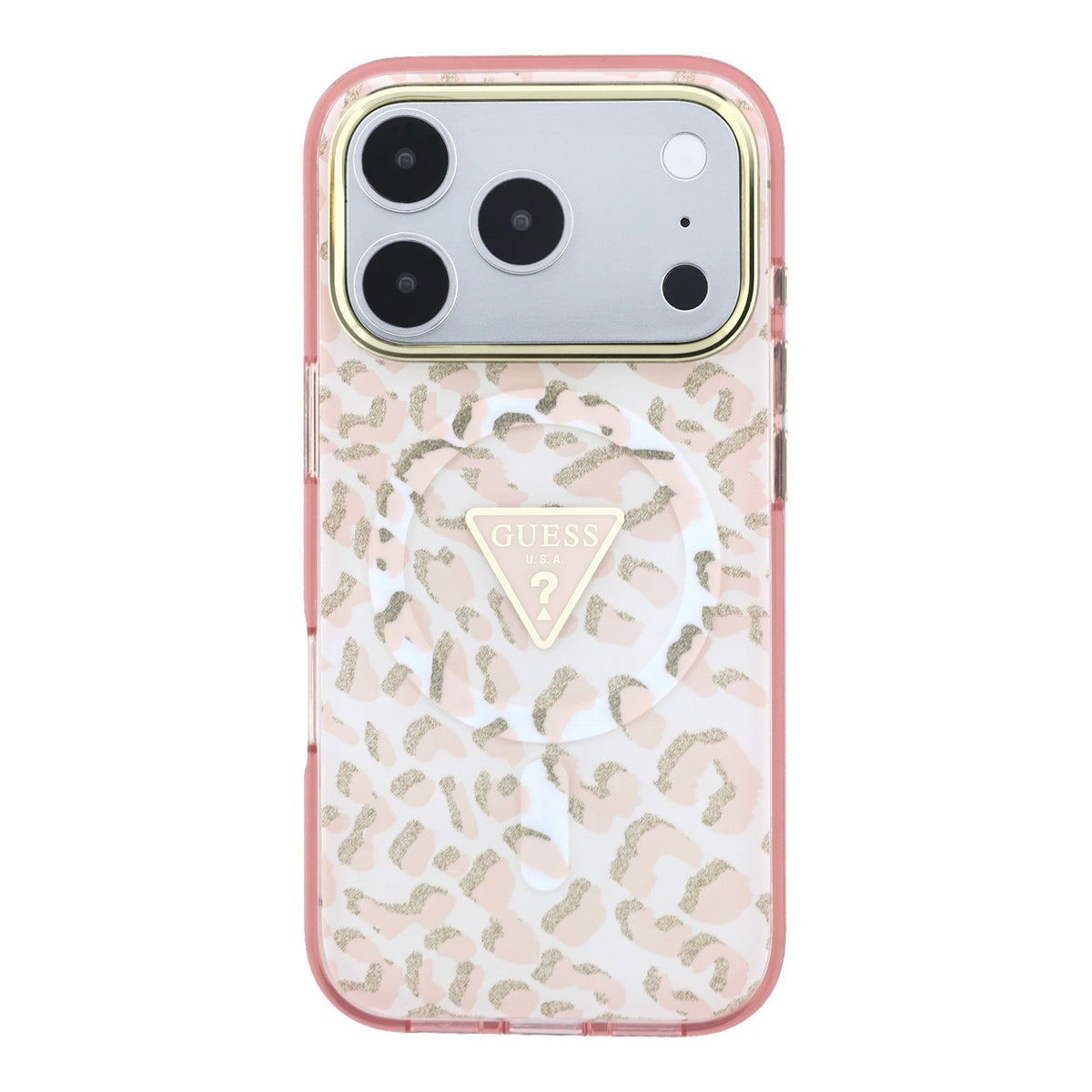 Guess GUHMP18LHLEGTGLP IML Leopard Glitter Triangle Logo MagSafe Case for iPhone 18 Pro / iPhone 17 Pro pink