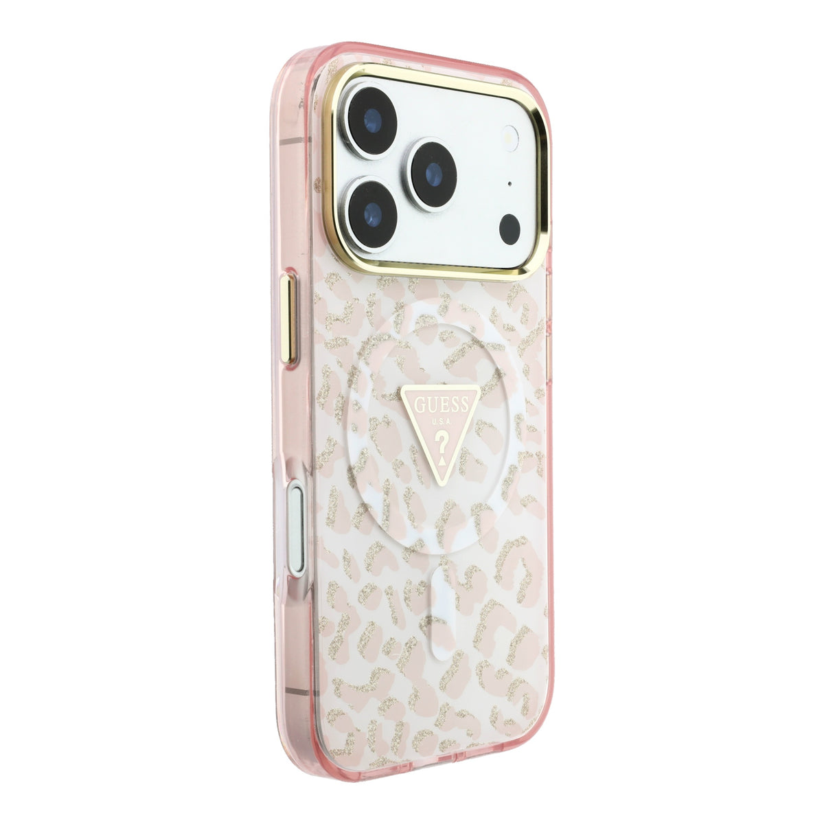 Guess GUHMP18LHLEGTGLP IML Leopard Glitter Triangle Logo MagSafe Case for iPhone 18 Pro / iPhone 17 Pro pink