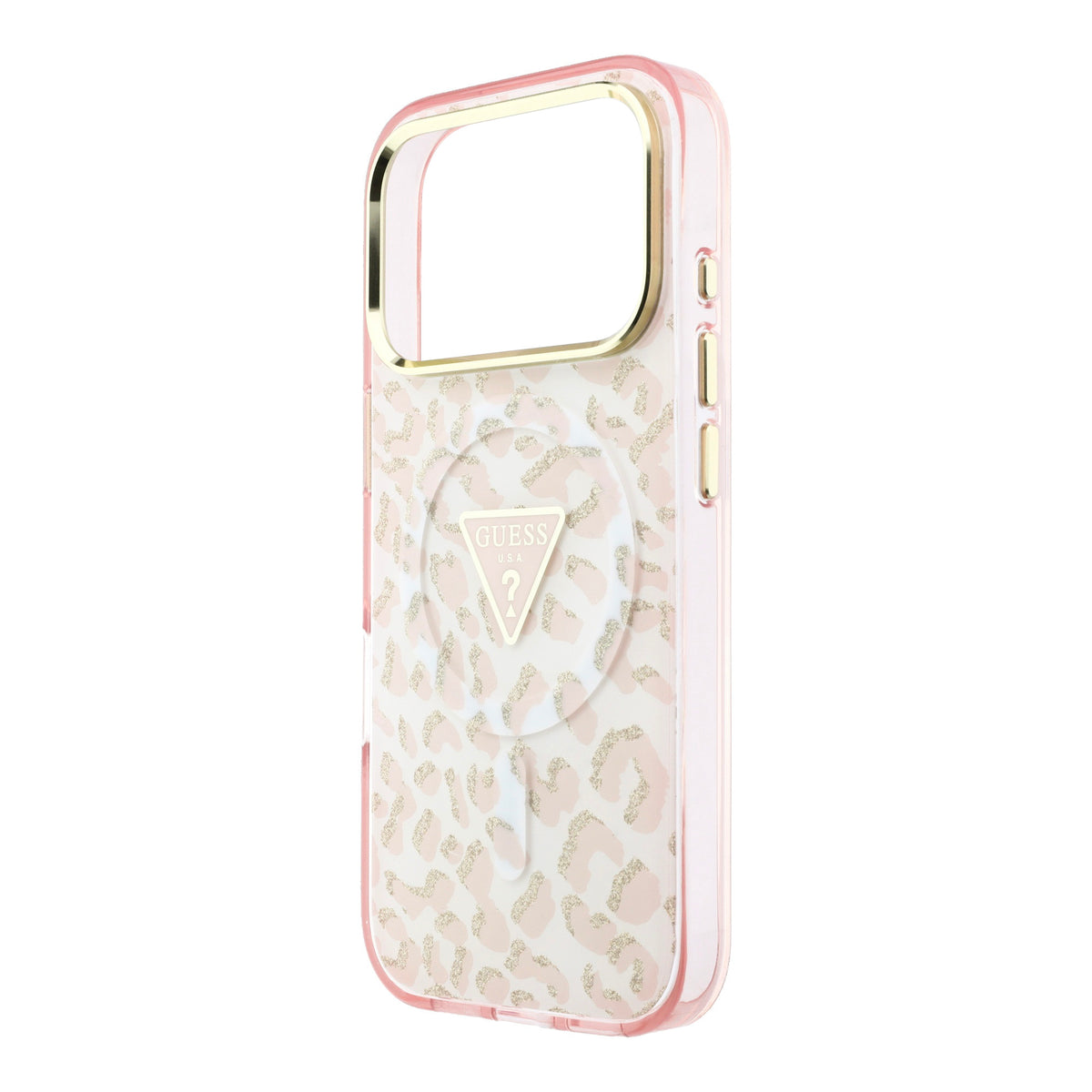 Guess GUHMP18LHLEGTGLP IML Leopard Glitter Triangle Logo MagSafe Case for iPhone 18 Pro / iPhone 17 Pro pink