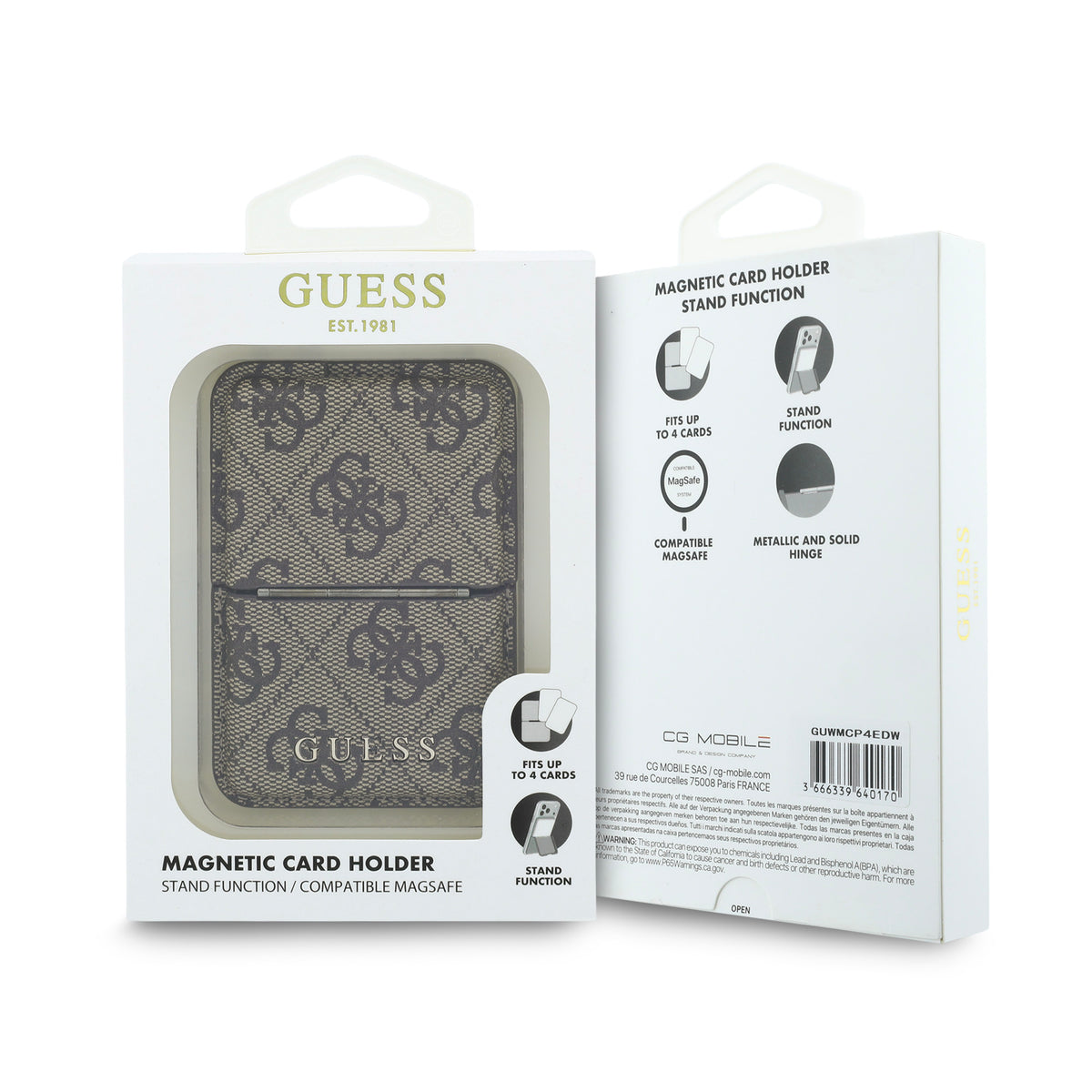 GUESS Card Holder 4 Cards 4G PU MagSafe and Stand Classic Logo Brown