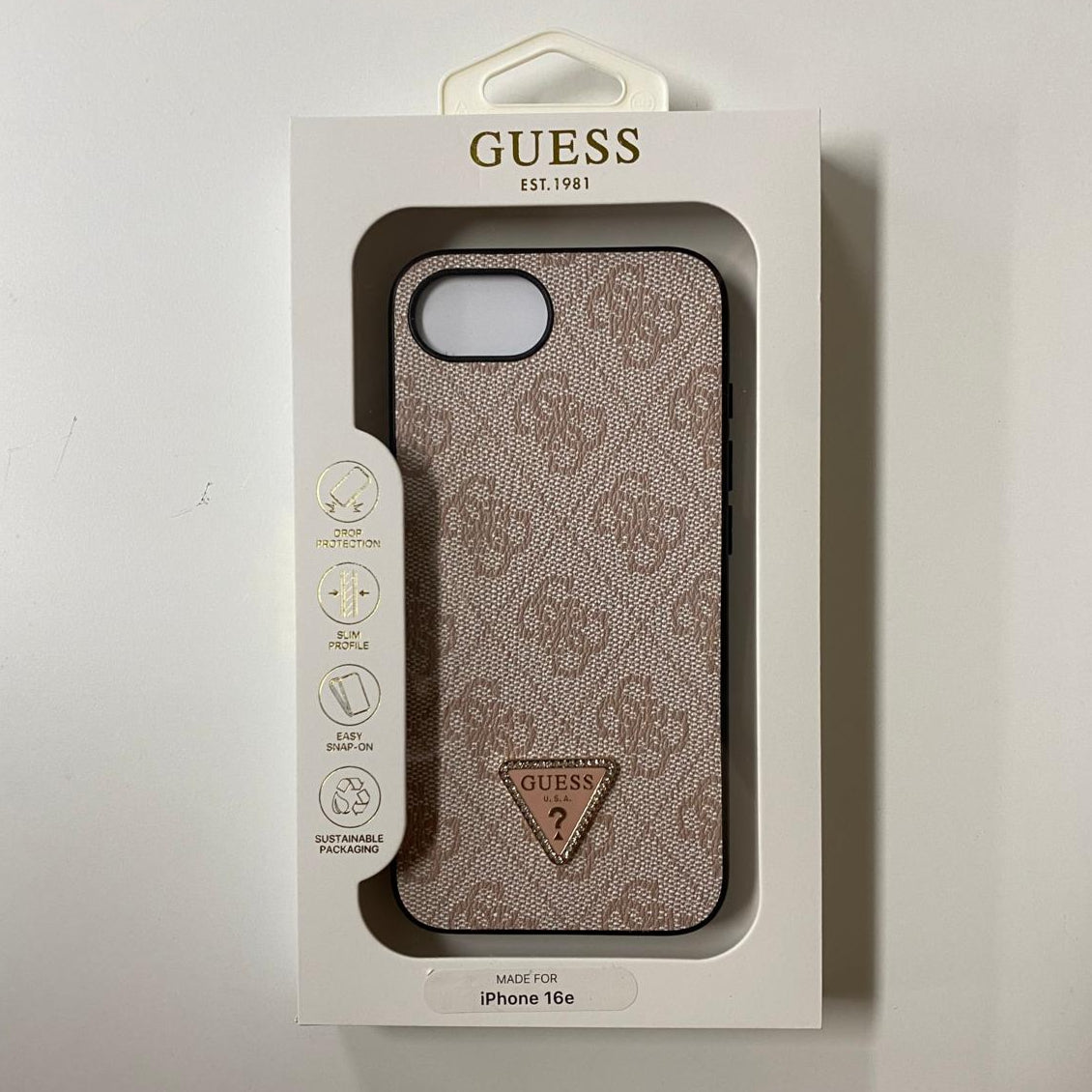 Guess GUHCPSE4P4TDPP iPhone 16e Pink MagSafe hardcase PU Leather Triangle Strass