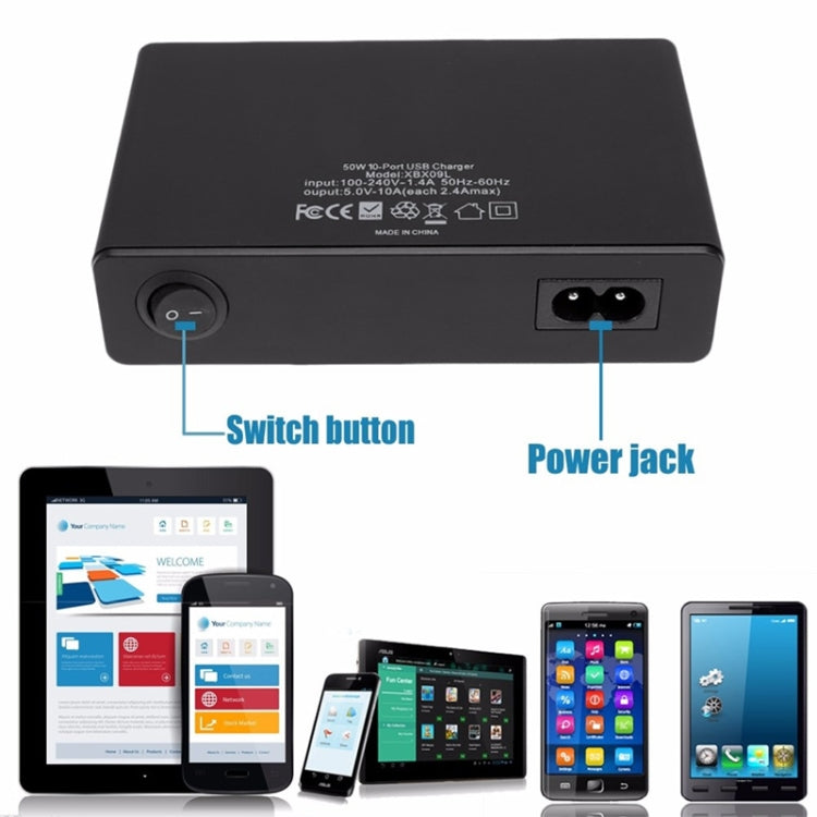 XBX09L 50W 5V 2.4A 10 USB Ports Fast Charger Travel Charger, US Plug
