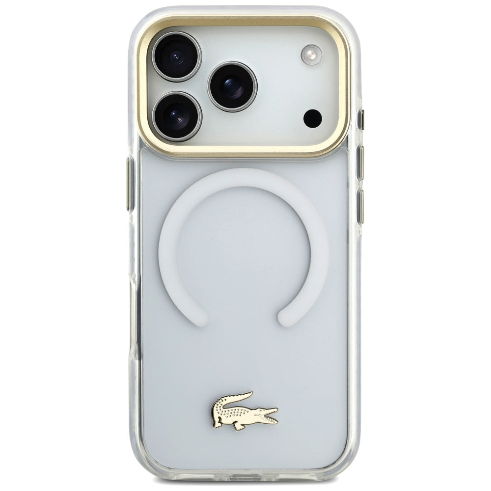 LACOSTE Shockproof Transparent Frosted Gold Logo MagSafe Case for iPhone 17 Pro White