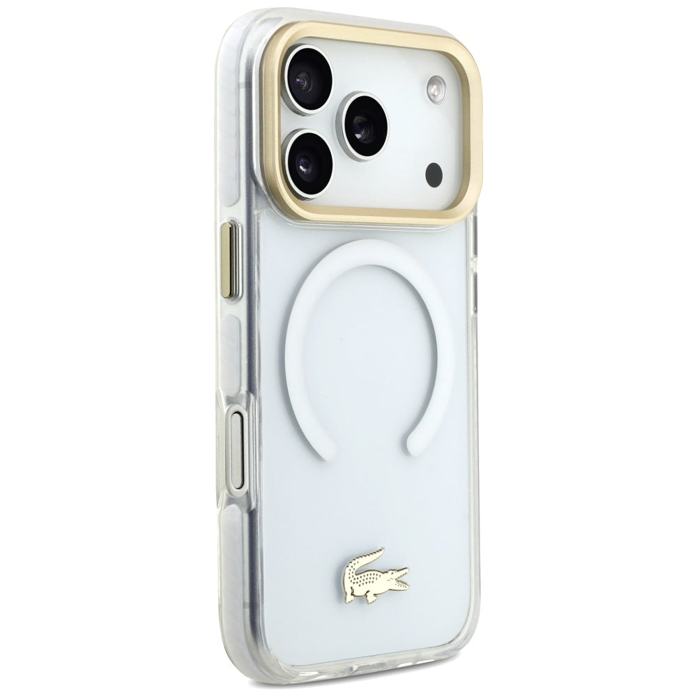 LACOSTE Shockproof Transparent Frosted Gold Logo MagSafe Case for iPhone 17 Pro White