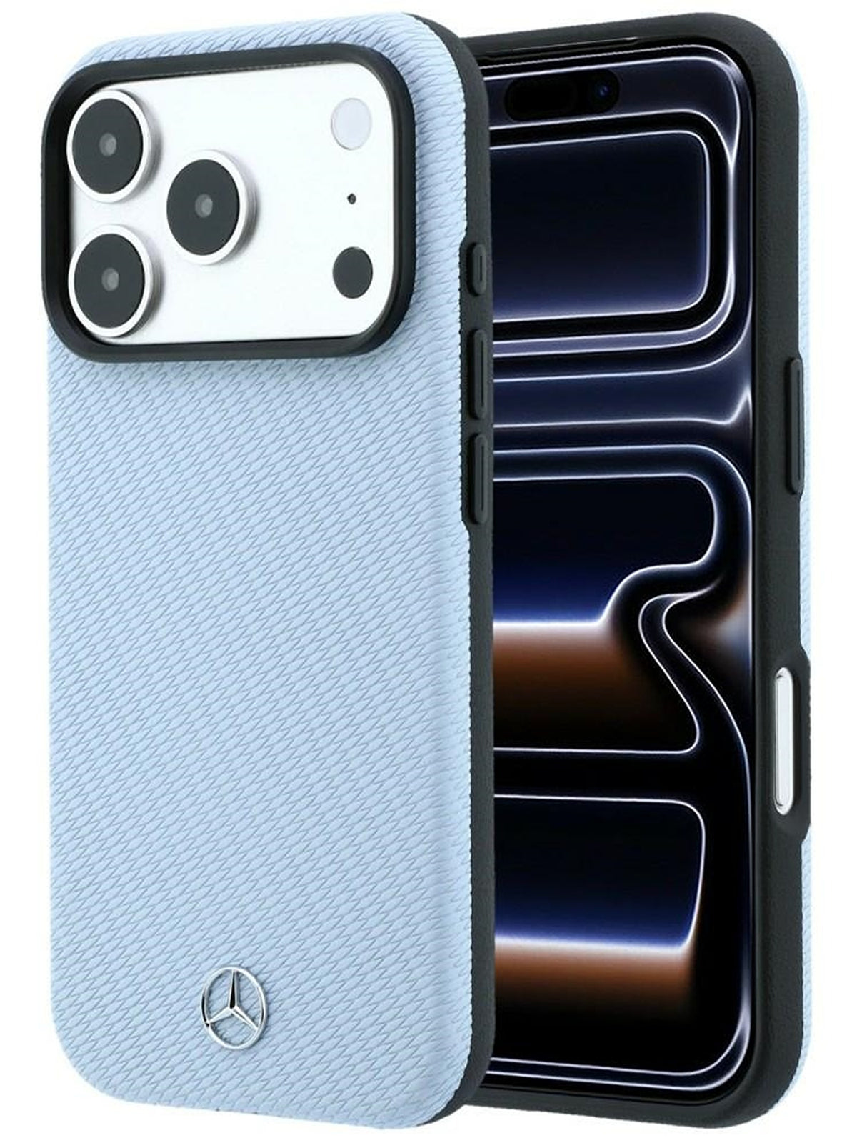 Mercedes MEHMP18X25PFWWPB Leather Semi Wrap Wood Effect MagSafe Case for iPhone 18 Pro Max / 17 Pro Max Blue