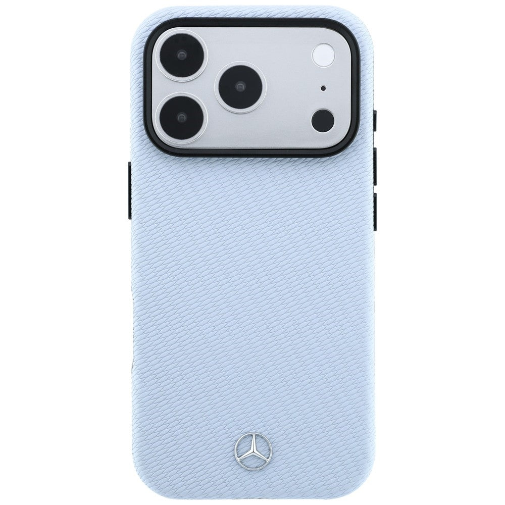 Mercedes MEHMP18L25PFWWPB Leather Semi Wrap Wood Effect MagSafe Case for iPhone 18 Pro / 17 Pro Blue