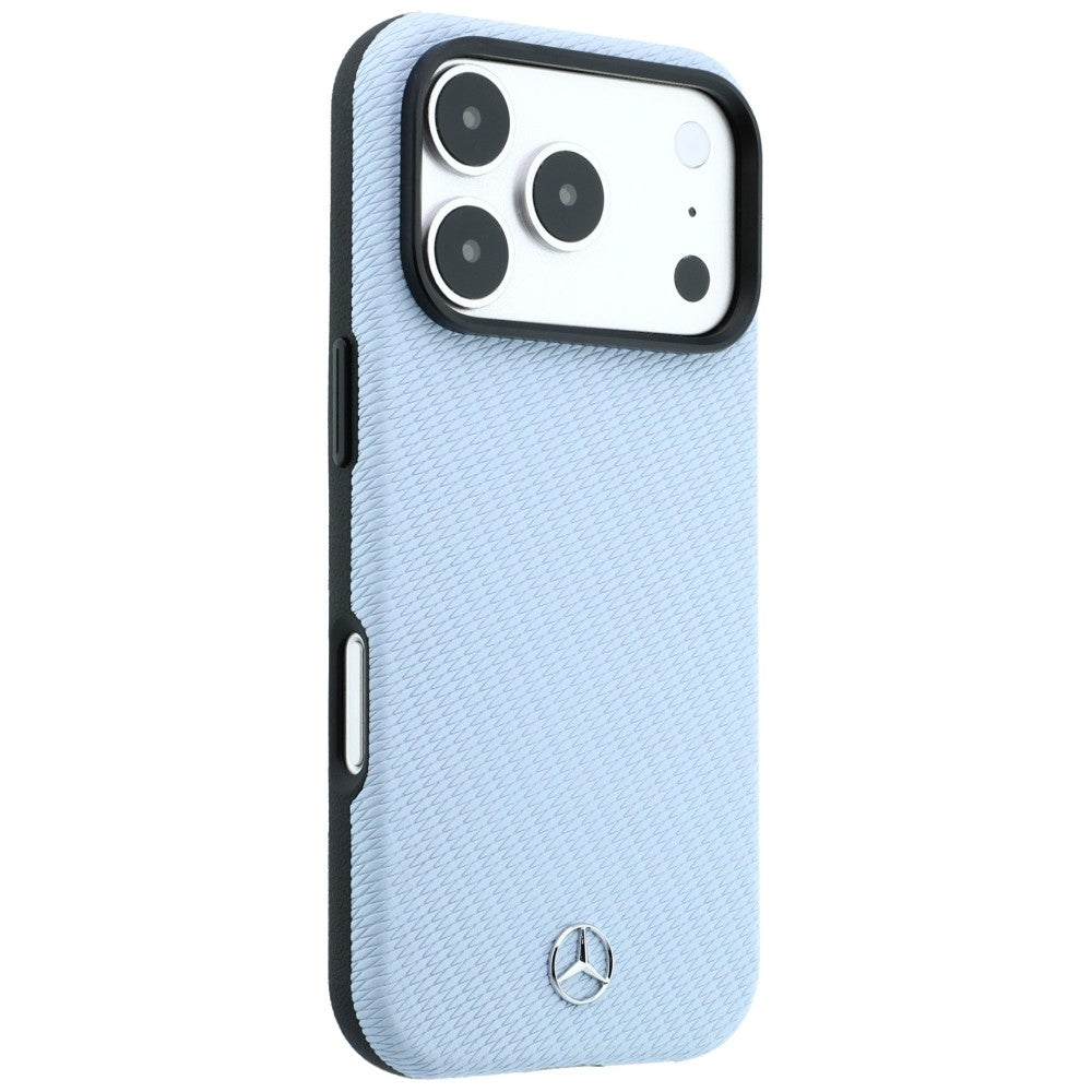Mercedes MEHMP18L25PFWWPB Leather Semi Wrap Wood Effect MagSafe Case for iPhone 18 Pro / 17 Pro Blue