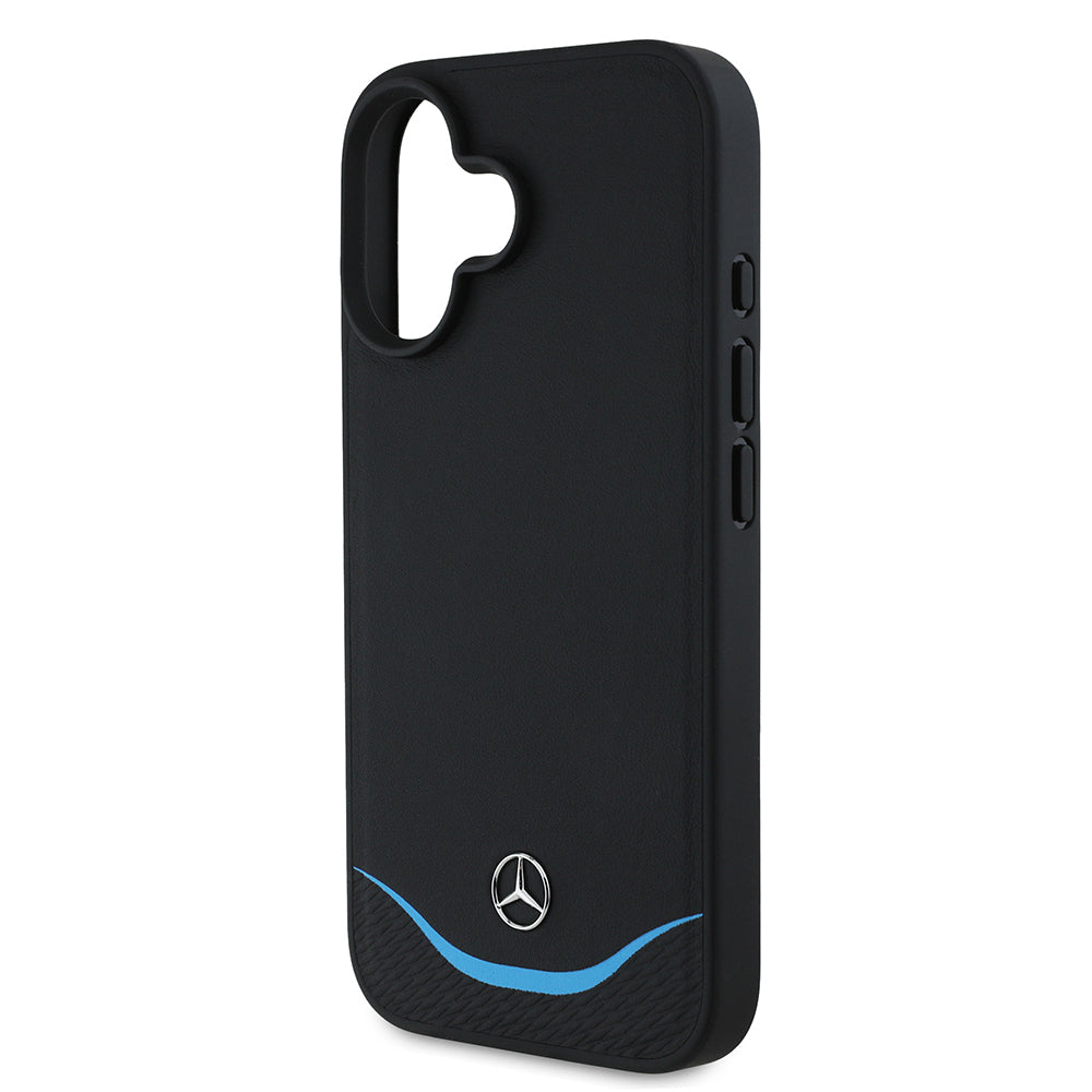 Mercedes MEHMP16S24RBIBK iPhone 16 black MagSafe Charging 3D Metal Logo Blue Horizontal Curved Striped Leather