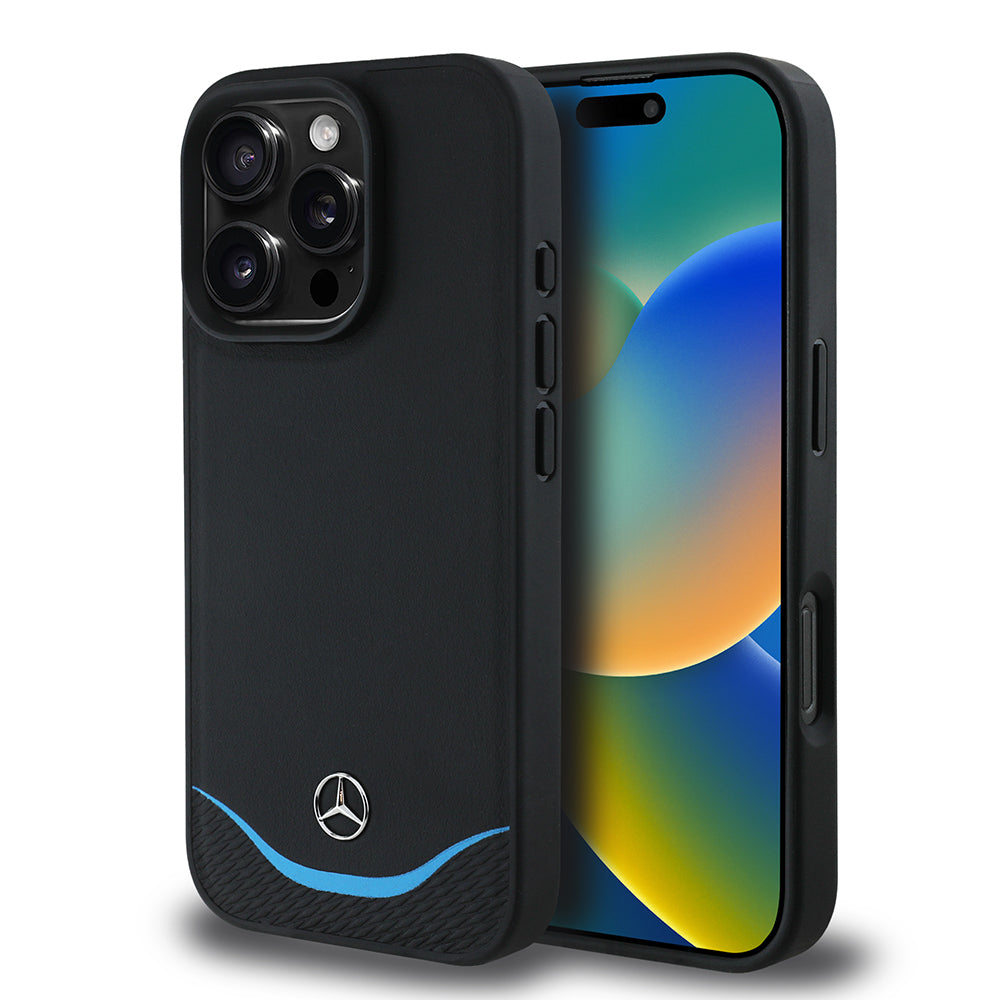 Mercedes MEHMP16L24RBIBK iPhone 16 Pro black Magsafe Charging 3D Metal Logo Blue Horizontal Curved Striped Leather