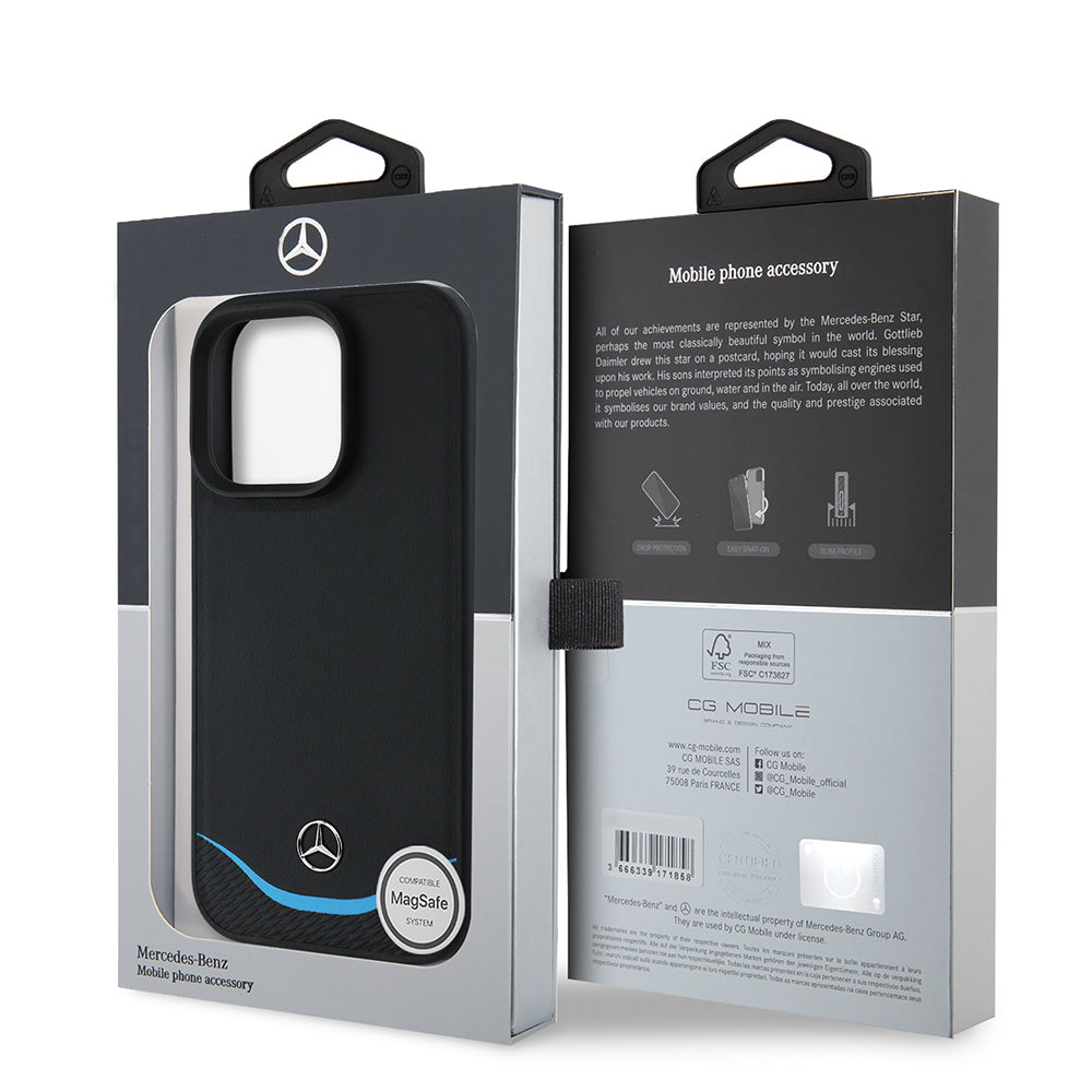Mercedes MEHMP16X24RBIBK iPhone 16 Pro Max black Magsafe Charging 3D Metal Logo Blue Horizontal Curved Striped Leather