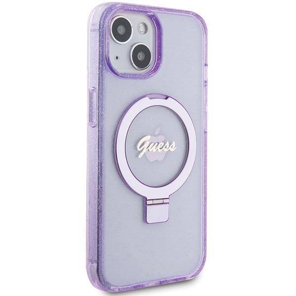 Guess GUHMP15SHRSGSU hardcase Ring Stand Script Glitter Purple MagSafe Case for iPhone 15 / 14 / 13