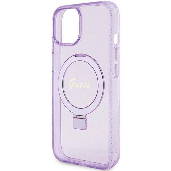 Guess GUHMP15MHRSGSU hardcase Ring Stand Script Glitter Purple MagSafe Case for iPhone 15 Plus