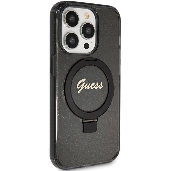 GUESS GUHMP13LHRSGSK iPhone 13 Pro black hardcase Ring Stand Script Glitter MagSafe