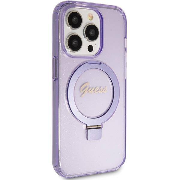 Guess GUHMP15LHRSGSU hardcase Ring Stand Script Glitter Purple MagSafe Case for iPhone 15 Pro