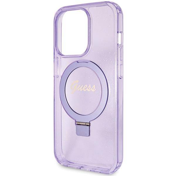 Guess GUHMP15LHRSGSU hardcase Ring Stand Script Glitter Purple MagSafe Case for iPhone 15 Pro