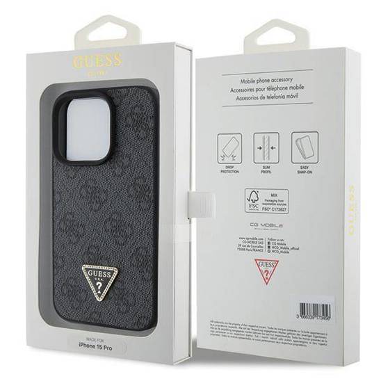 GUESS Hardcase PU Leather 4G Triangle Strass Black iPhone 15 Pro Max