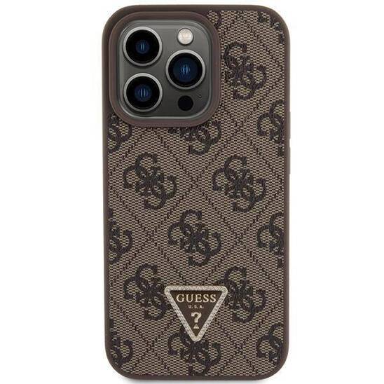 GUESS Hardcase PU Leather 4G Triangle Strass Brown iPhone 15 Pro Max