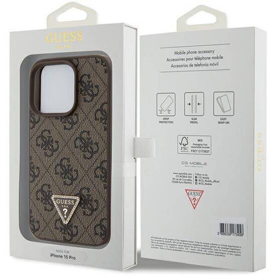 GUESS Hardcase PU Leather 4G Triangle Strass Brown iPhone 15 Pro