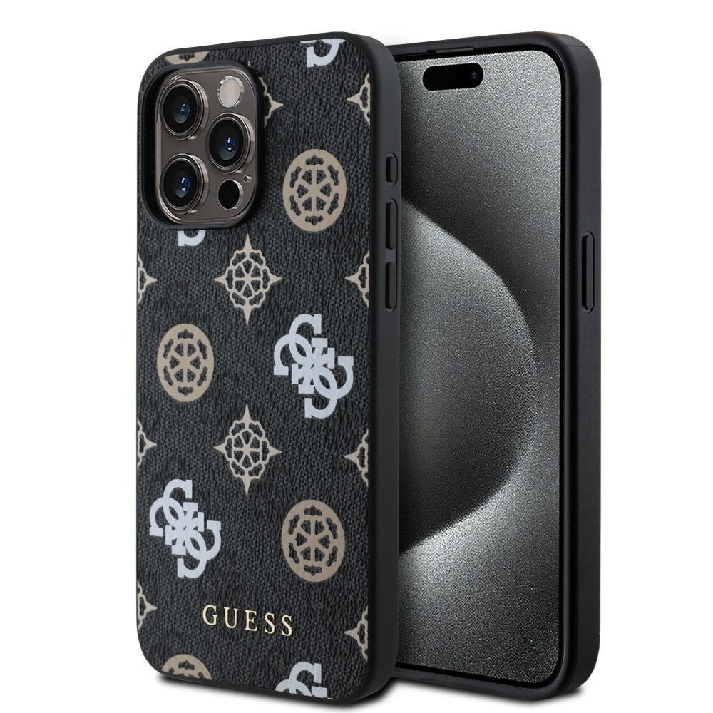 Guess GUHMP15LP4PWPK iPhone 15 Pro Hardcase PU Peony on 4G Background Black MagSafe