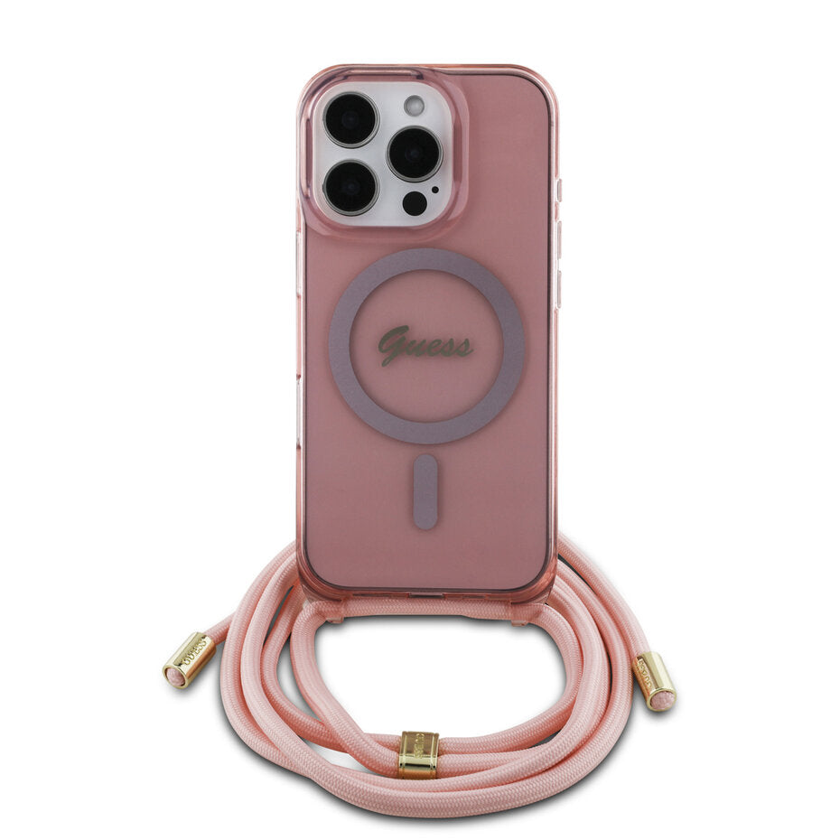 Guess GUHMP16SHCTSGNSP iPhone 16 Pink hardcase Crossbody Cord Script MagSafe