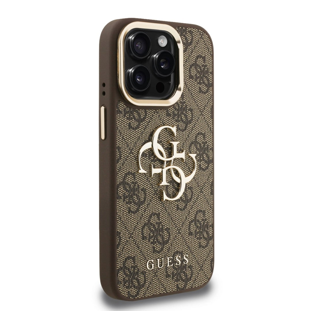 Guess GUHCP15XPCS4GP4W PU 4G Metal Logo Stand Camera Frame tok iPhone 15 Pro Max Brown