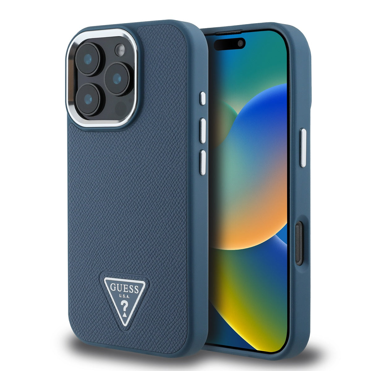 Guess PU Grained Triangle Logo Case for iPhone 16 Pro Max Blue