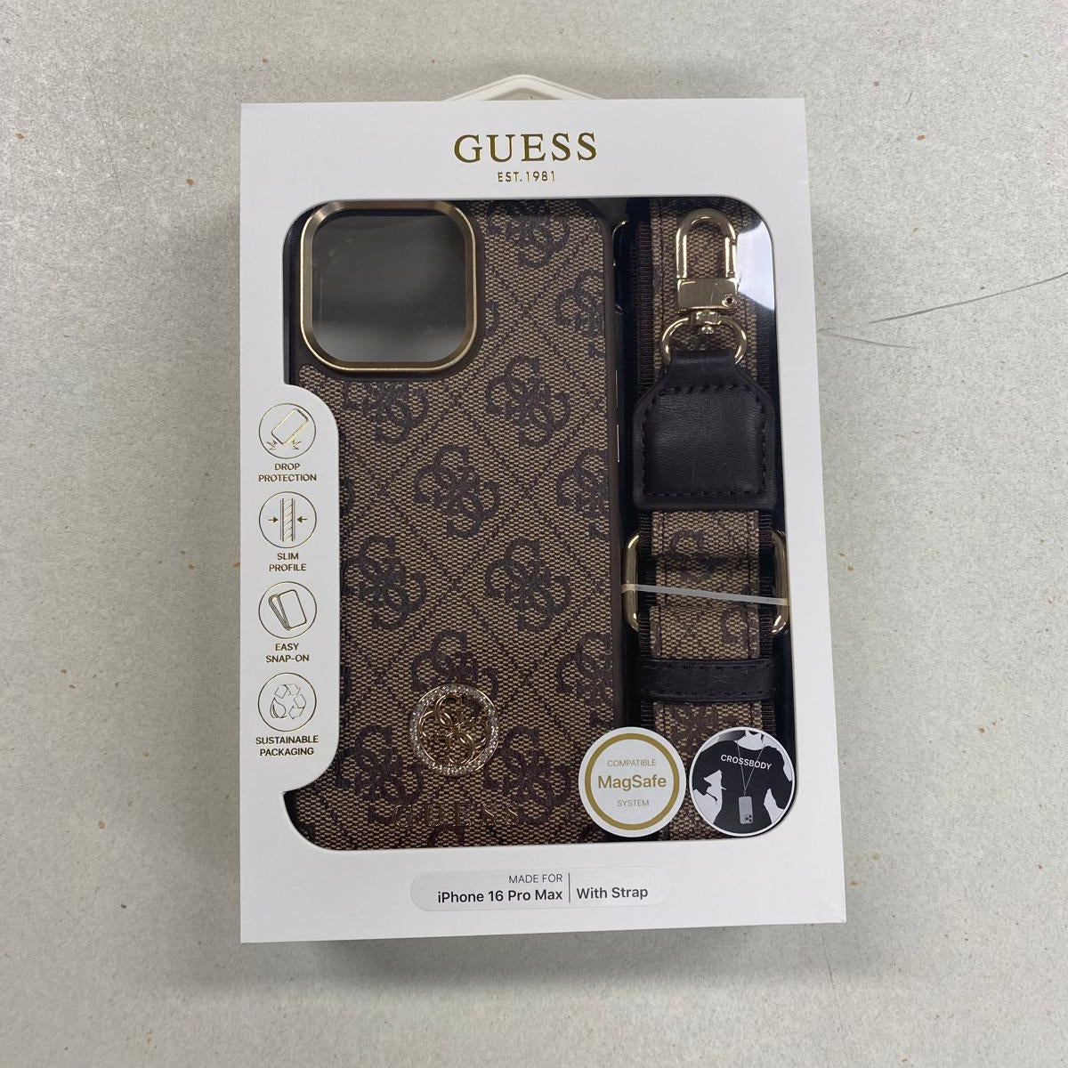 GUESS HardCase MagSafe 4G PU W/ Strass Logo & Big Strap Metal Buttons Brown iPhone 16 Pro Max