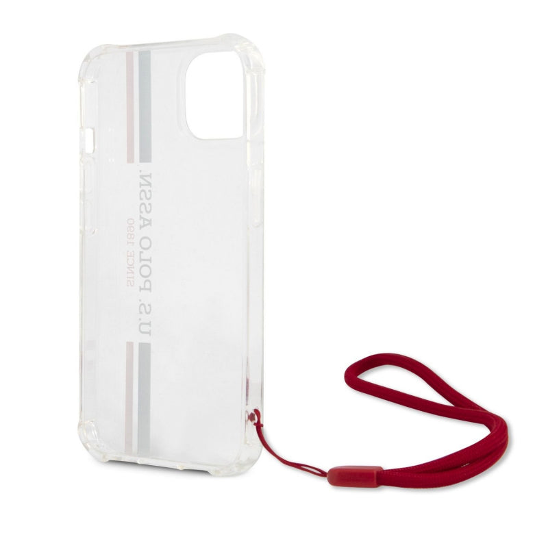 US Polo Assn USHCP13MKSTTR Stripes Logo Shiny Case with Anti-Lost Red Nylon Cord iPhone 13 mini