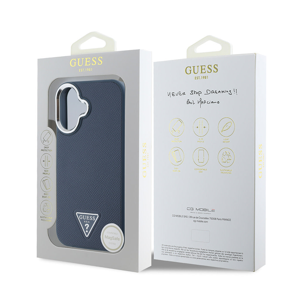 Guess iPhone 16 Back cover case - Magsafe grained PU triangle - Blue