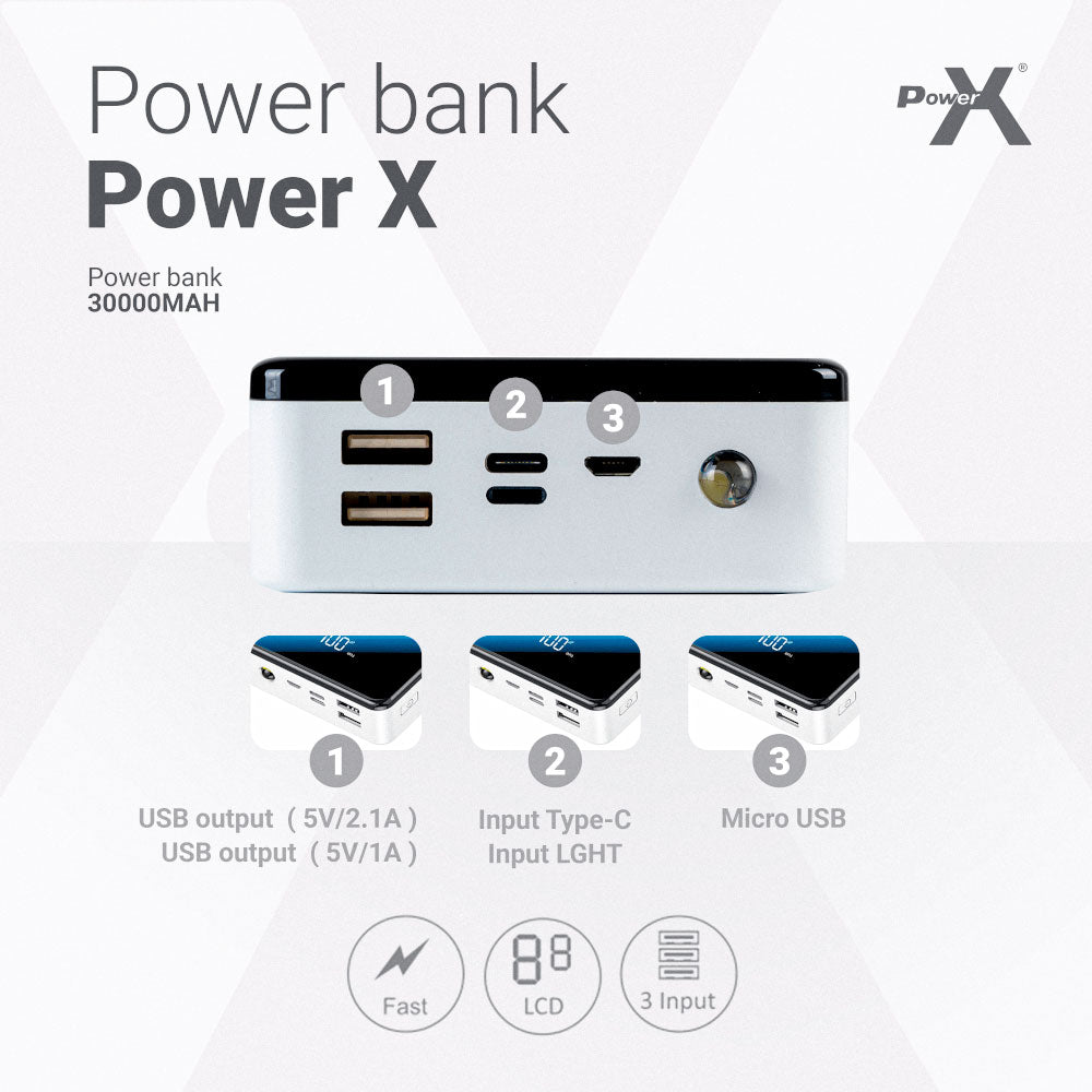 PowerX Q500 Power Bank 30000mAh with Display - White