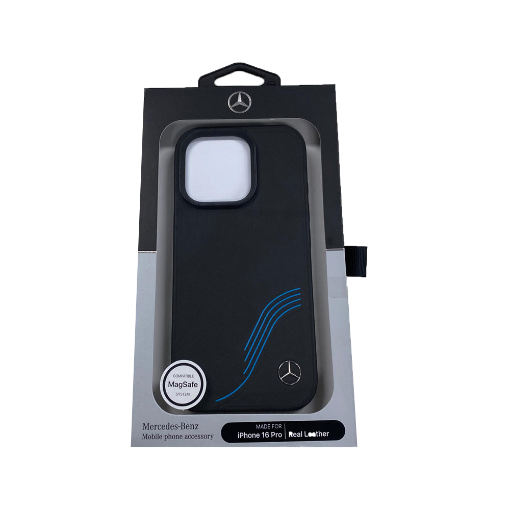 Mercedes MEHMP16L24ROCBK iPhone 16 Pro Magsafe Leather 3D Metal Logo W/Blue Curves Black