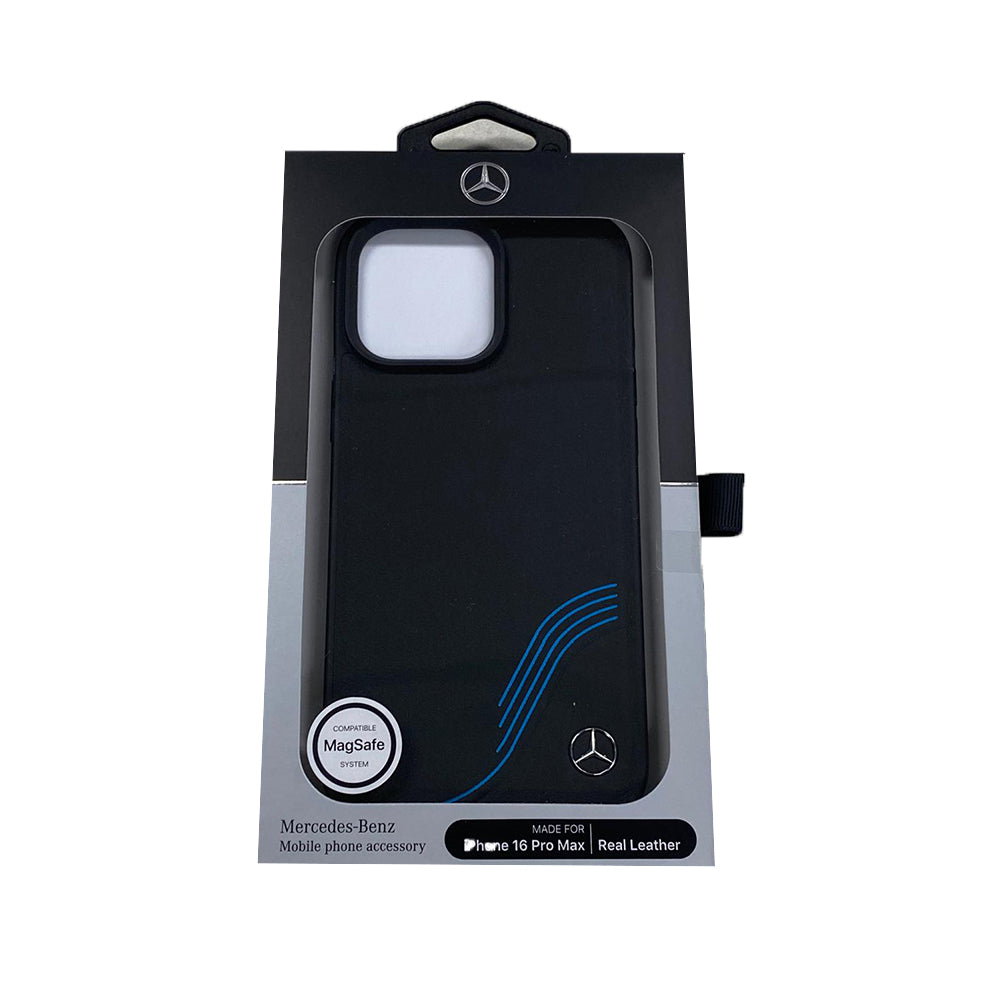 Mercedes MEHMP16X24ROCBK iPhone 16 Pro Max Magsafe Leather 3D Metal Logo W/Blue Curves Black
