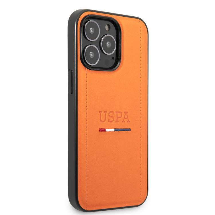 USPA PU USHCP14LPINO Leather Case with Tricolor Stitches & Initials Full Protection iPhone 14 Pro Compatibility - Orange