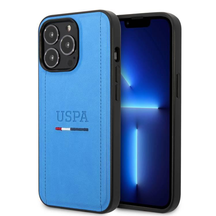 USPA PU USHCP14SPINB Leather Case with Tricolor Stitches & Initials Full Protection iPhone 14 / 15 / 13 Compatibility - Blue