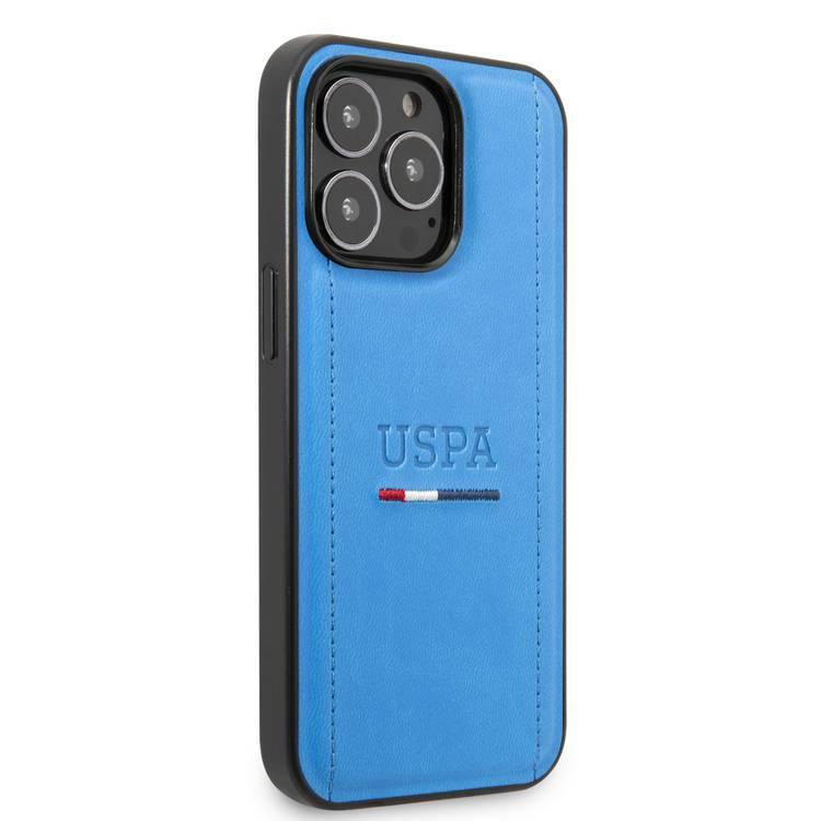 USPA PU USHCP14LPINB Leather Case with Tricolor Stitches & Initials Full Protection iPhone 14 Pro Compatibility - Blue